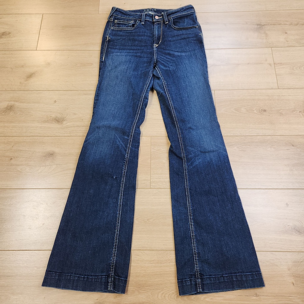 Ariat Slim Trouser Jeans Womens 29L Blue Mid Rise Wide Leg Distressed Denim